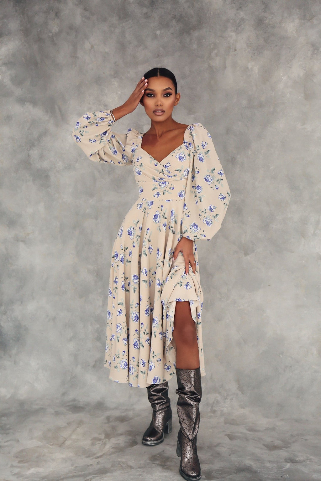 Floral Puff Sleeve Midi Dress 