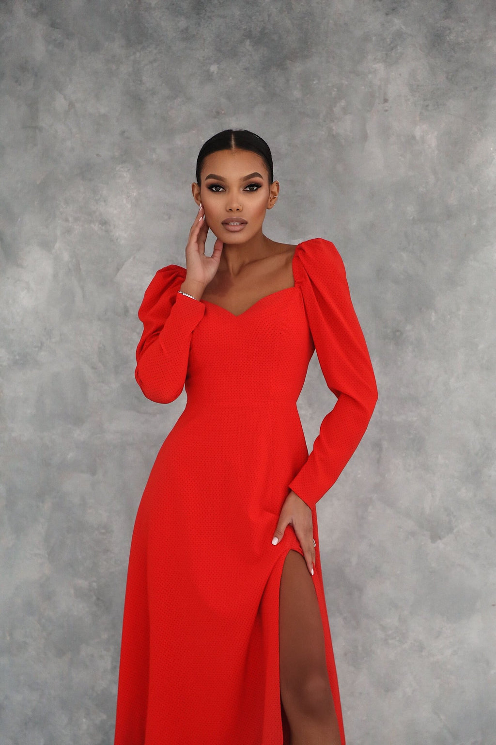 Polka Dot Midi Dress with Lantern Sleeves and Slit Red 