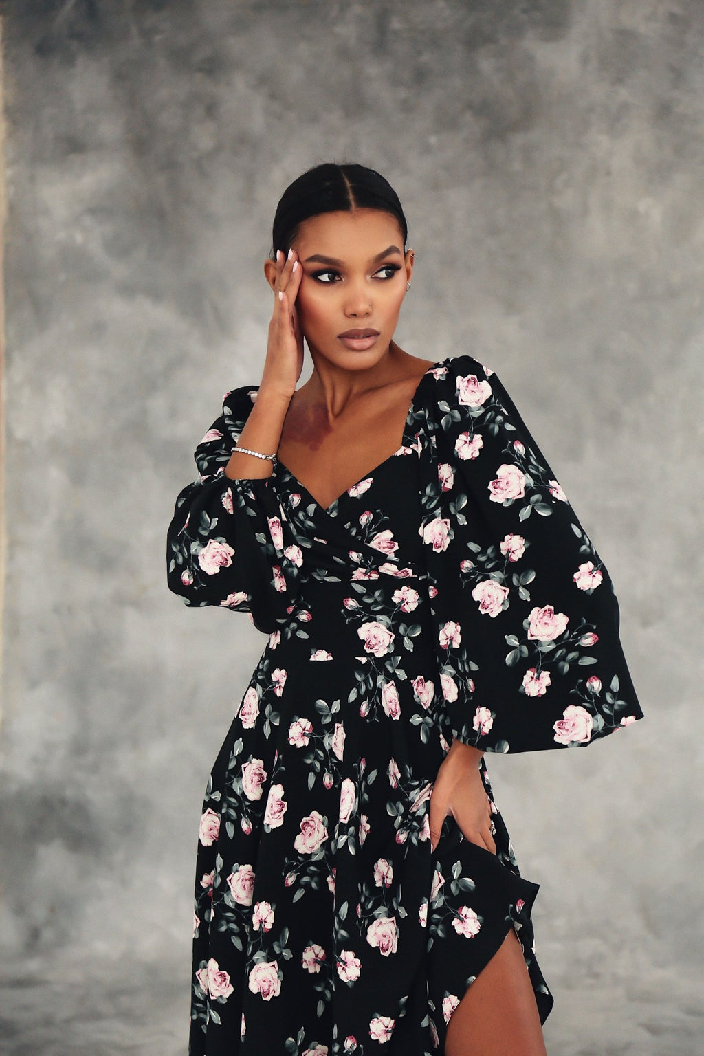 Floral Puff Sleeve Midi Dress 