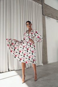 Corset Belt Effect Midi Dress White 