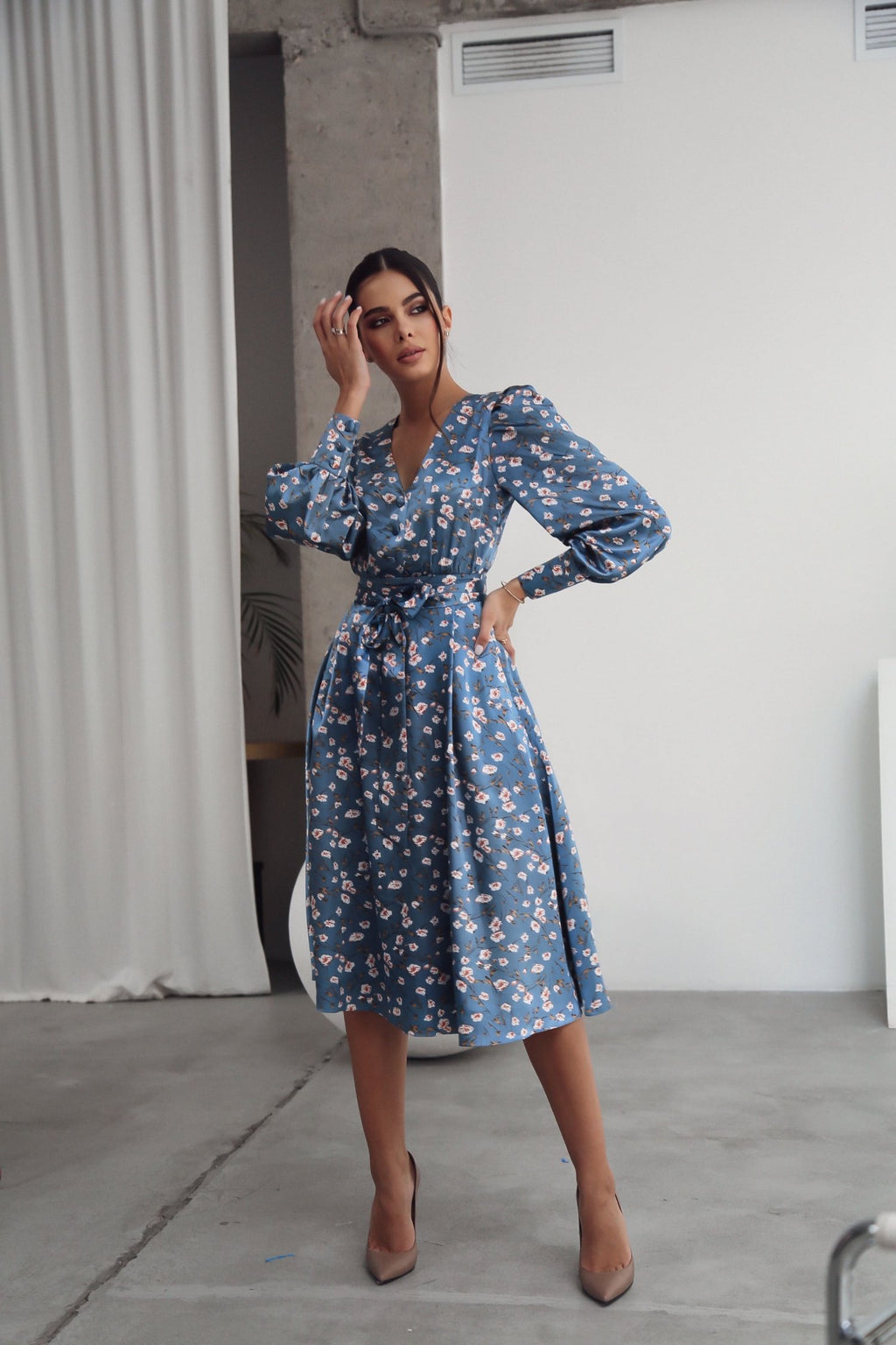 Puff Sleeve Midi Dress Blue 
