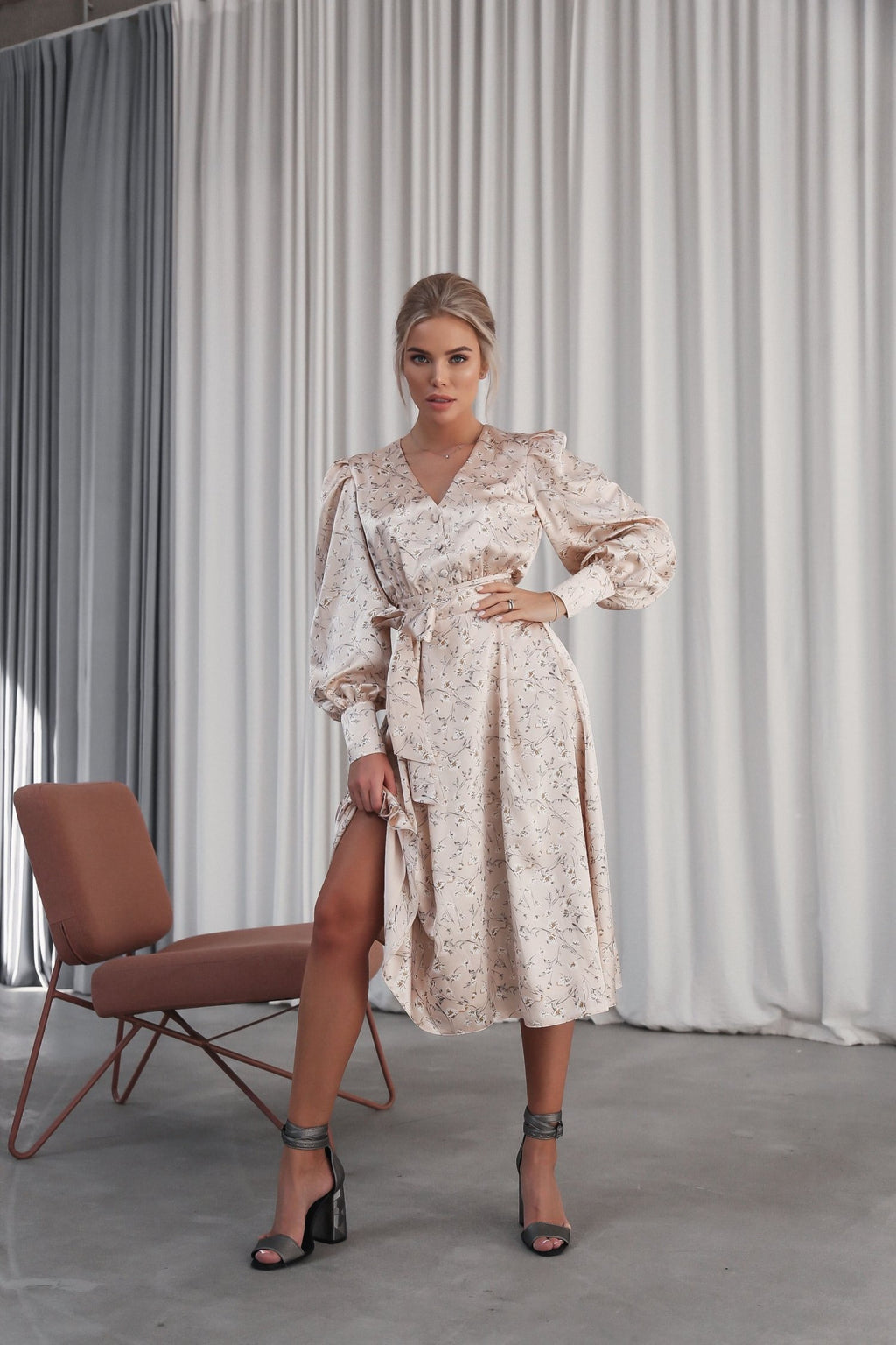 Puff Sleeve Midi Dress Pink 