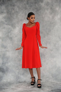 Polka Dot Midi Dress with Lantern Sleeves and Slit Red 