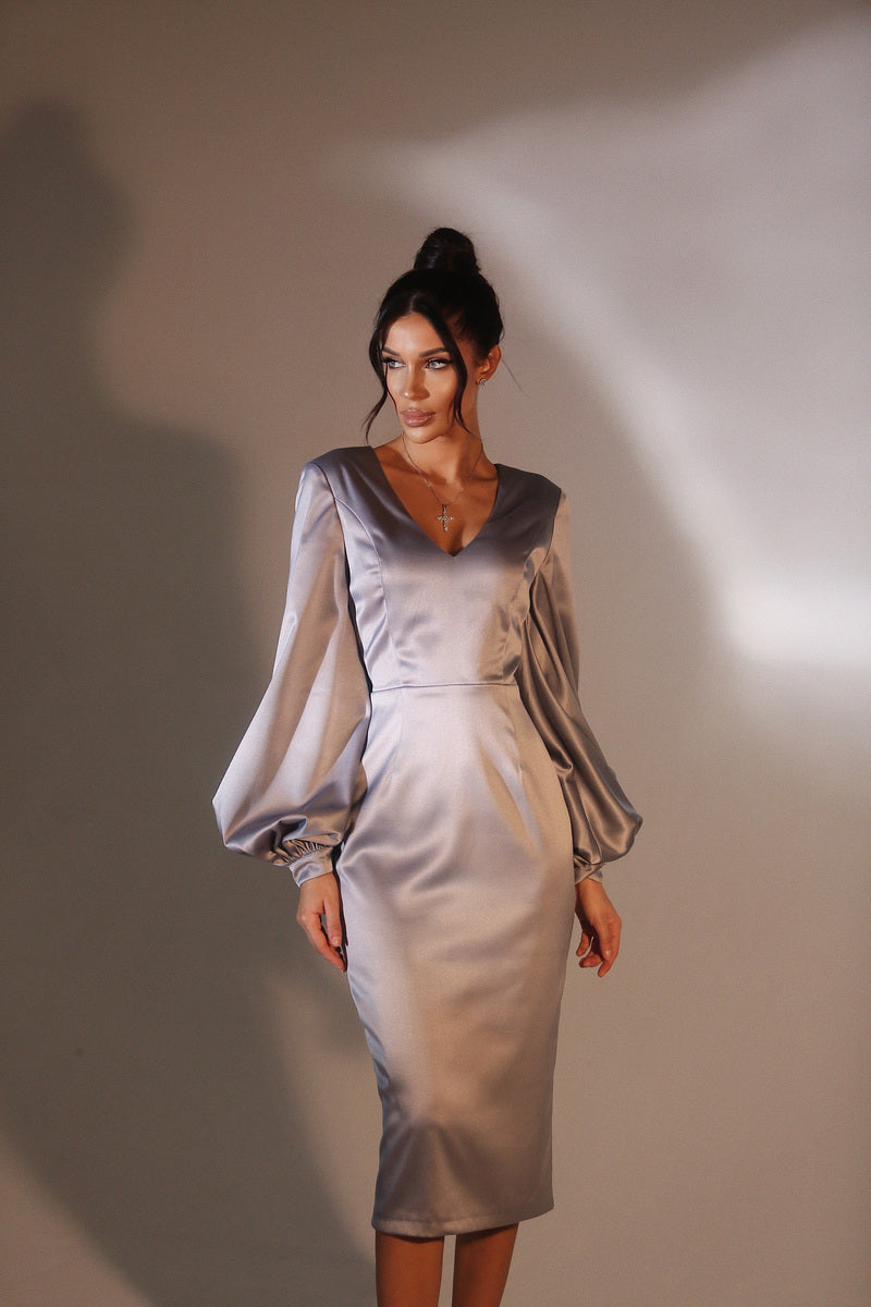 Viclans Satin Midi Gray Dress with Puffy Sleeves | VICLAN Viclans Satin Midi Gray Dress with Puffy Sleeves | VICLAN
