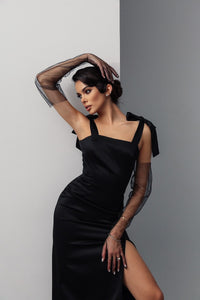 Viclans Satin Black Dress with Ties at the Shoulders 