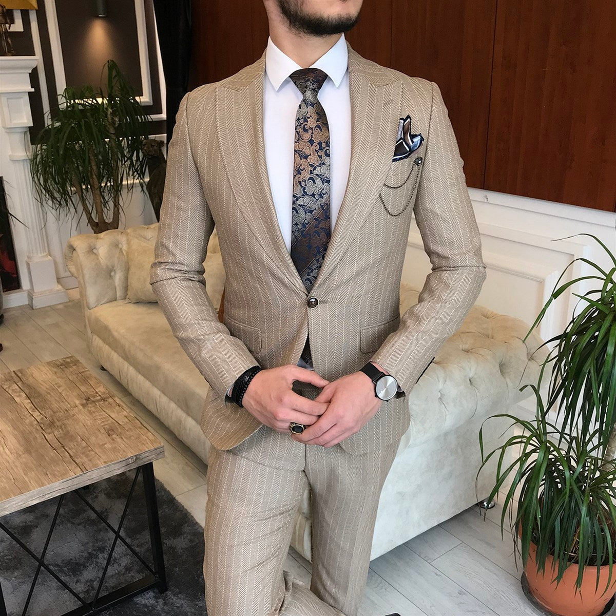 Bojoni Camel Striped Slim-Fit Suit 2-Piece 