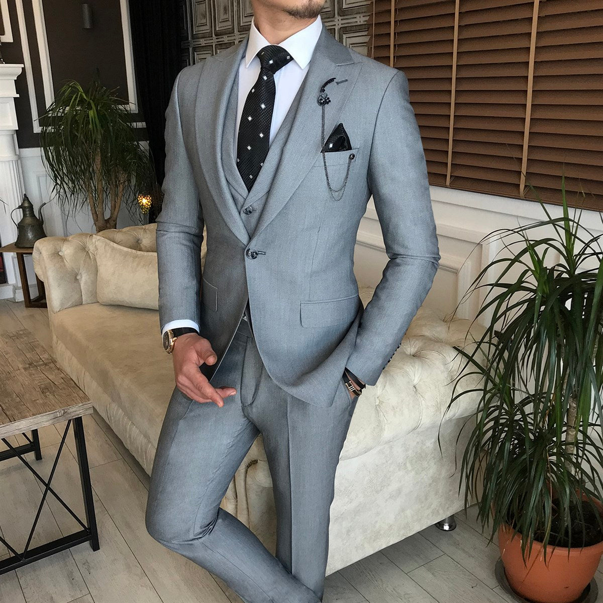 Bojoni Grey Slim-Fit Suit 3-Piece 