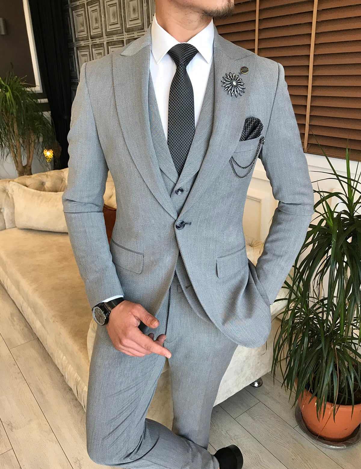 Bojoni Grey Slim-Fit Suit 3-Piece 