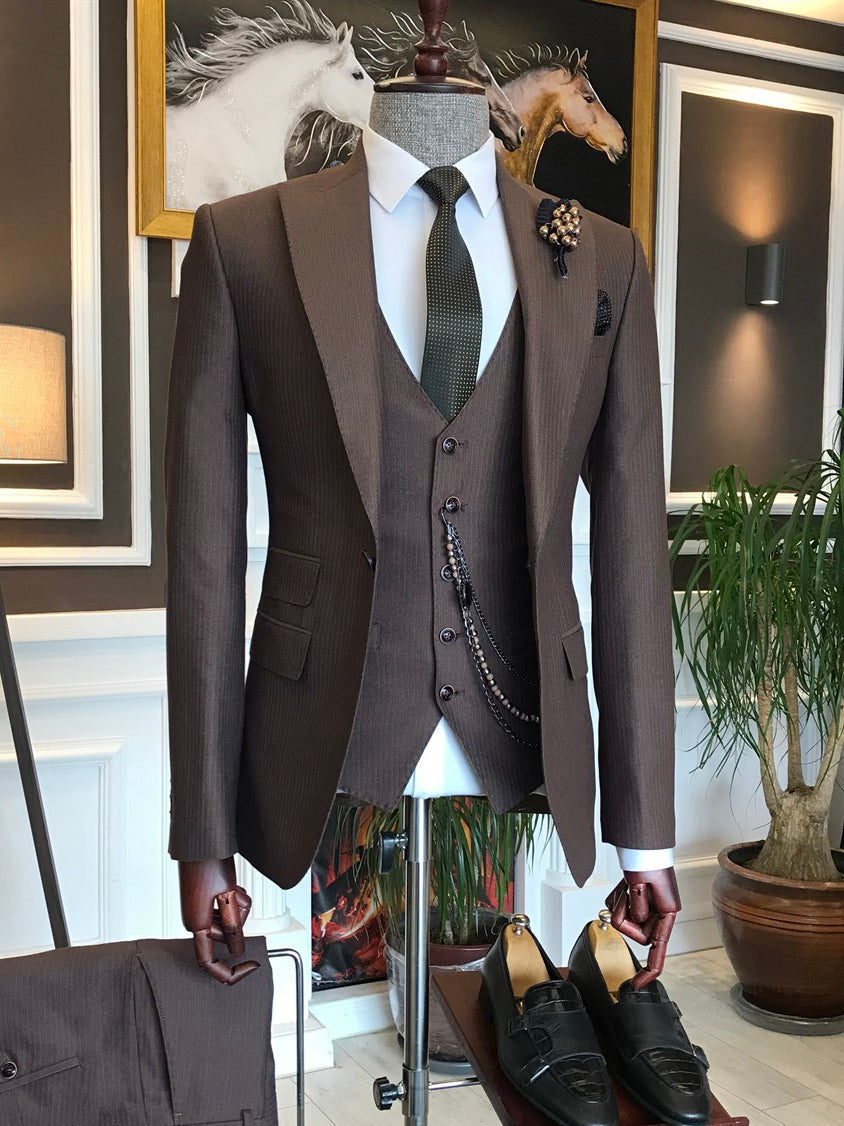 Bojoni Brown Striped Slim-Fit Suit 3-Piece 