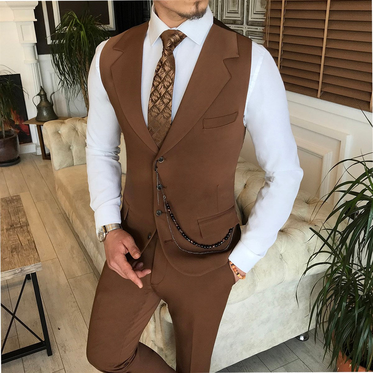 Bojoni Brown Slim-Fit Suit 3-Piece 