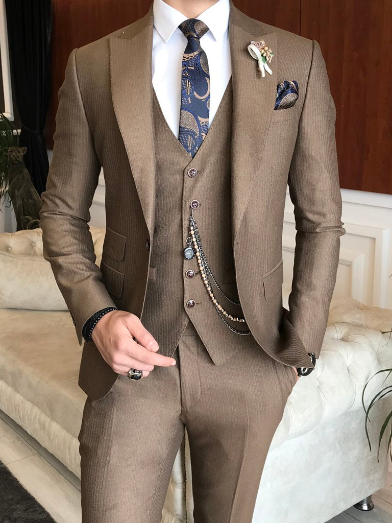 Bojoni Brown Striped Slim-Fit Suit 3-Piece 