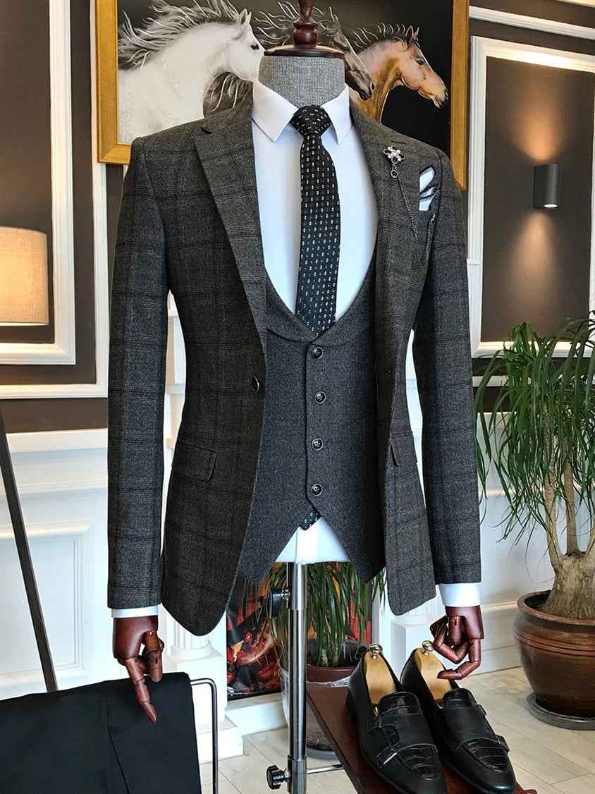 Bojoni Grey Plaid Slim-Fit Suit 3-Piece 