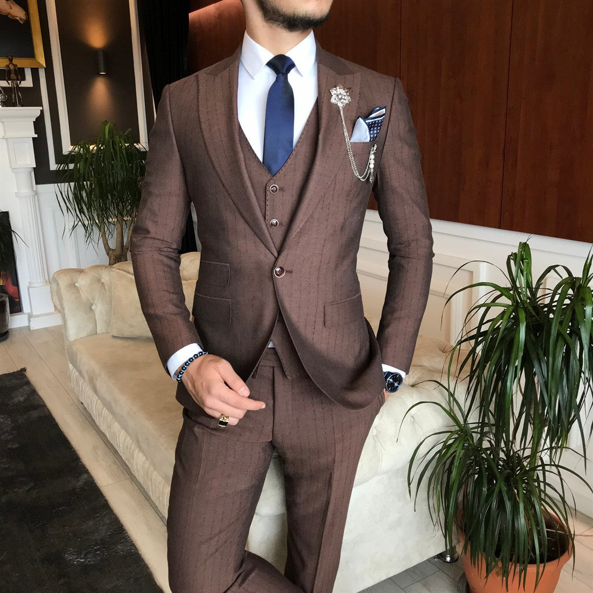 Bojoni Brown Striped Slim-Fit Suit 3-Piece 