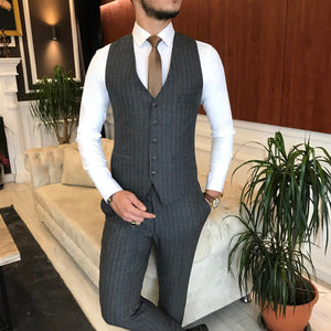 Bojoni Grey Striped Slim-Fit Suit 3-Piece 