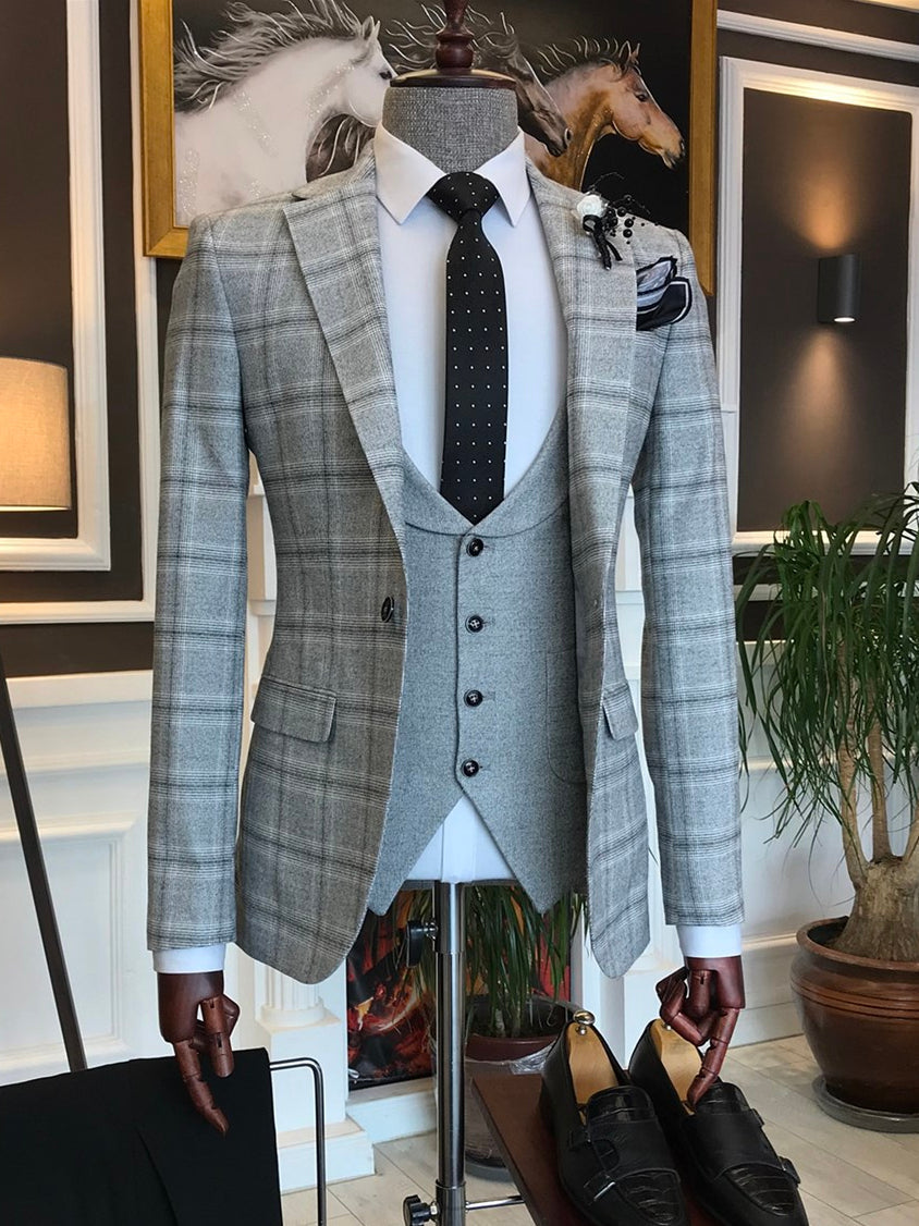 Bojoni Grey Plaid Slim-Fit Suit 3-Piece 