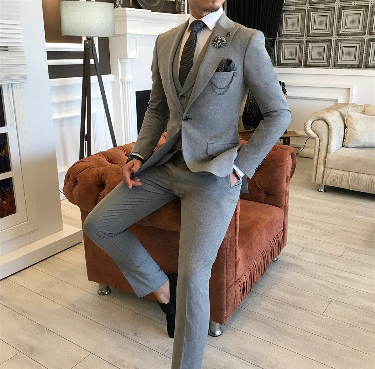 Bojoni Grey Slim-Fit Suit 3-Piece 