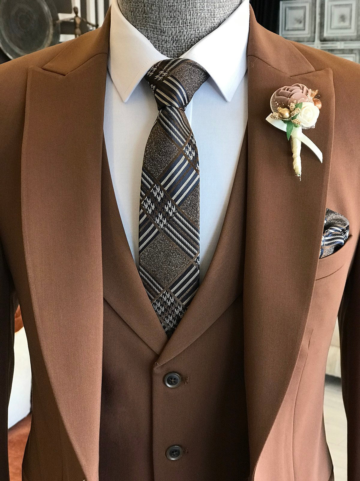 Bojoni Brown Slim-Fit Suit 3-Piece 