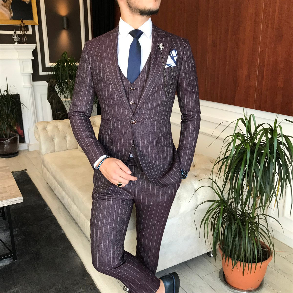 Bojoni Claret Red Striped Slim-Fit Suit 3-Piece 