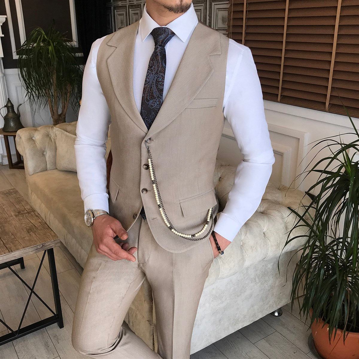 Bojoni Beige Slim-Fit Suit 3-Piece 