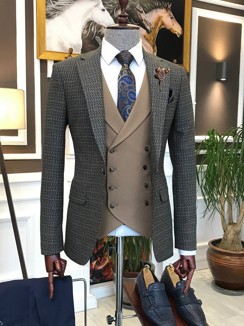 Bojoni Grey Plaid Slim-Fit Suit 3-Piece 