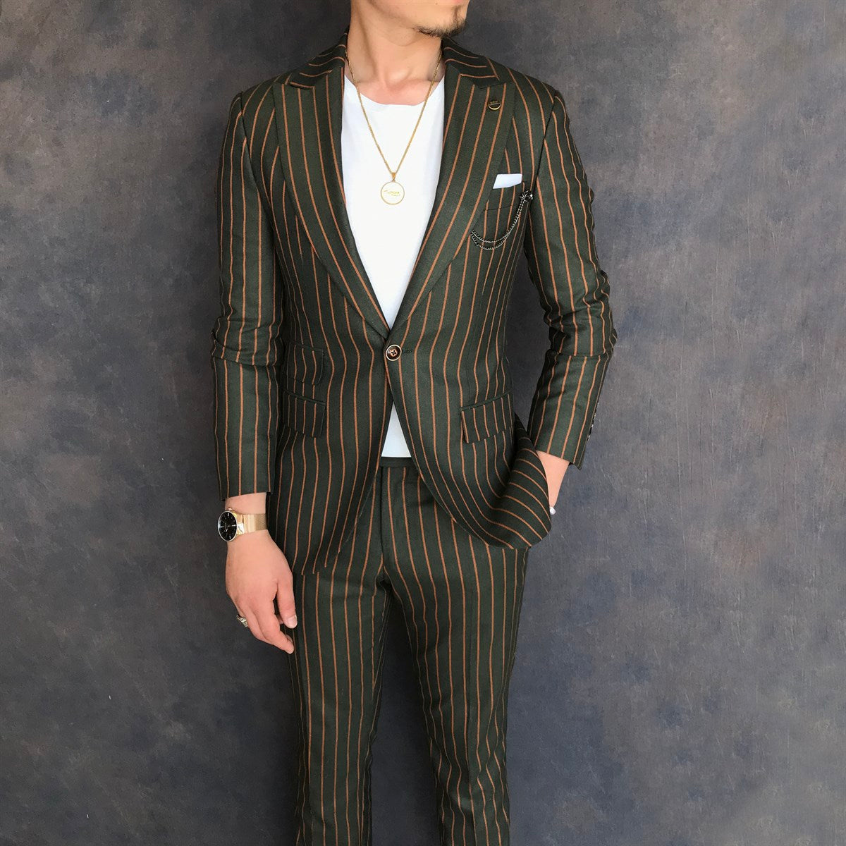 Bojoni Green Striped Slim-Fit Suit 2-Piece 