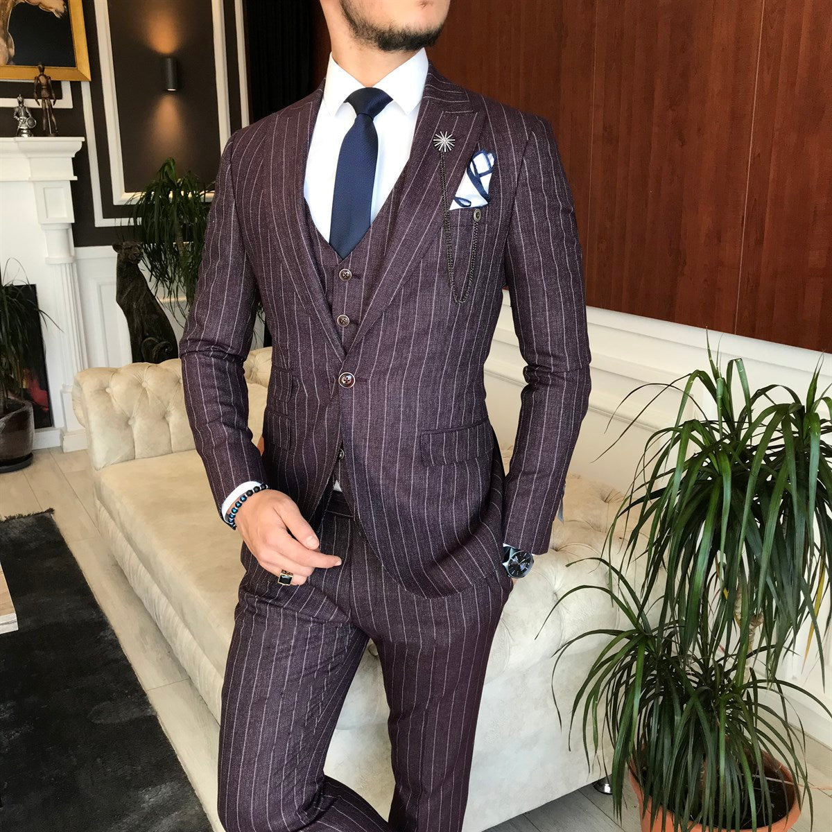 Bojoni Claret Red Striped Slim-Fit Suit 3-Piece 