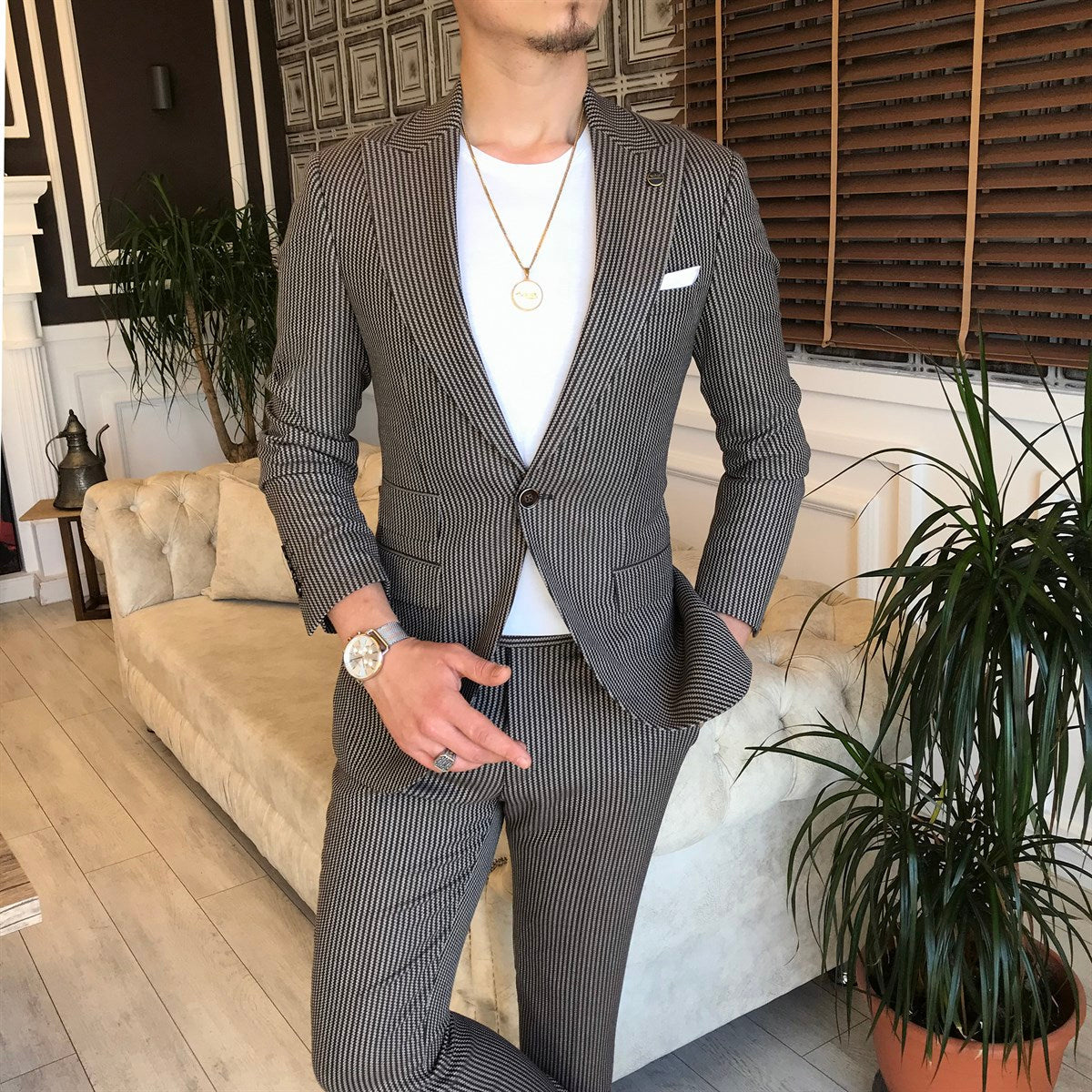 Bojoni Brown Striped Slim-Fit Suit 2-Piece 