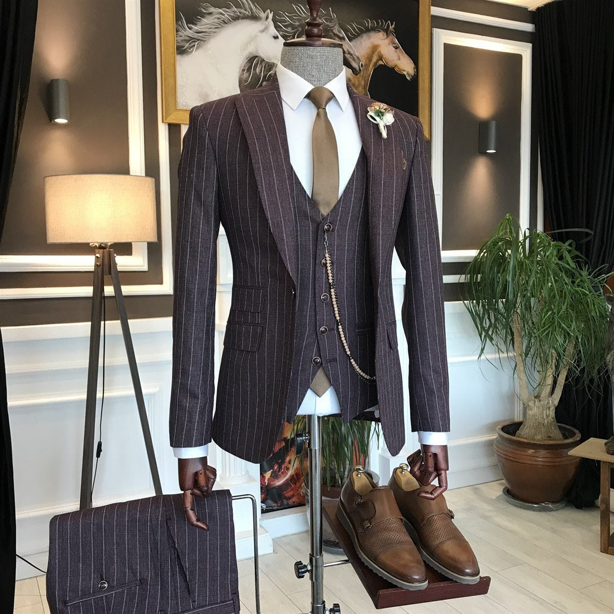 Bojoni Claret Red Striped Slim-Fit Suit 3-Piece 