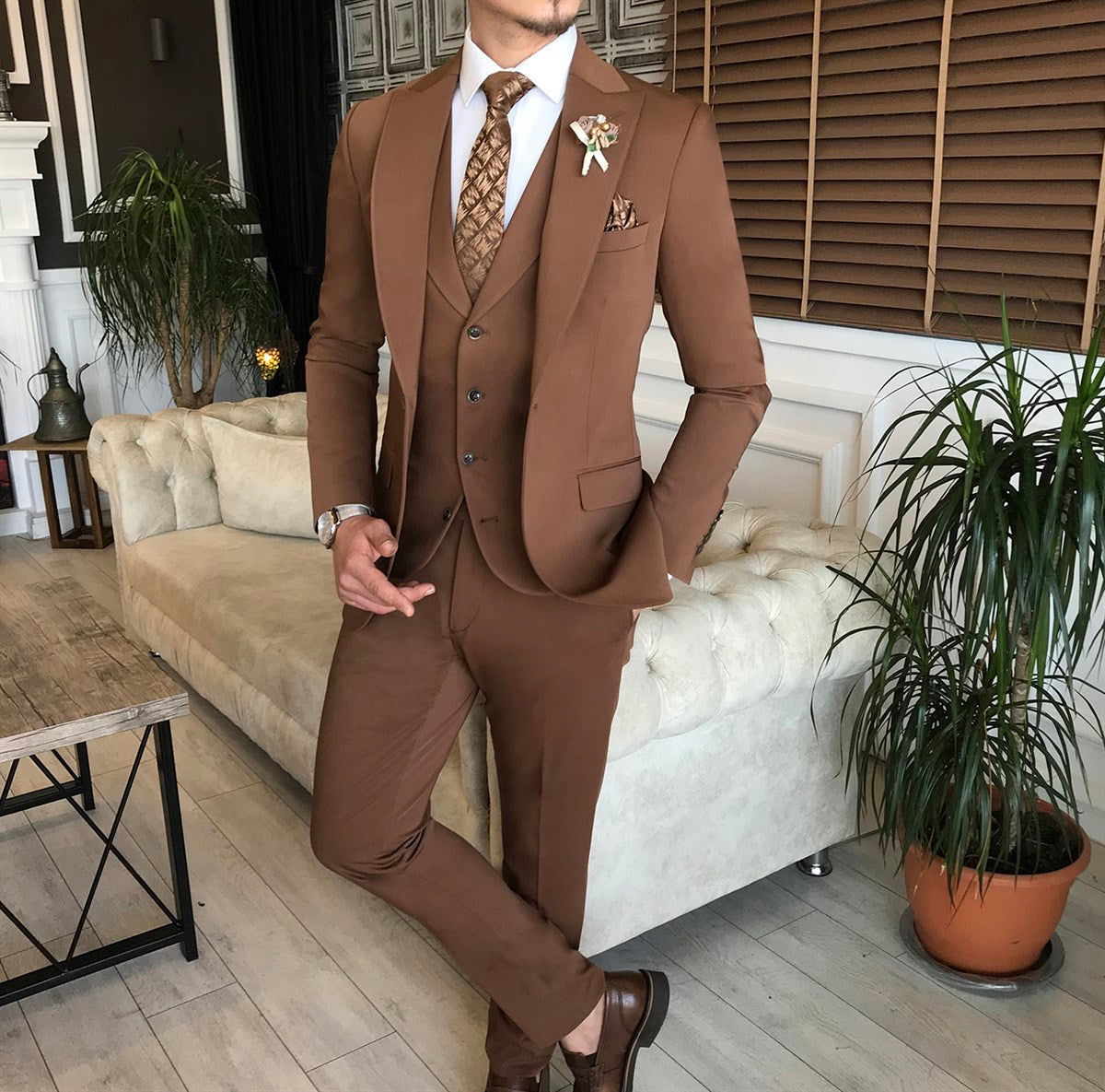 Bojoni Brown Slim-Fit Suit 3-Piece 