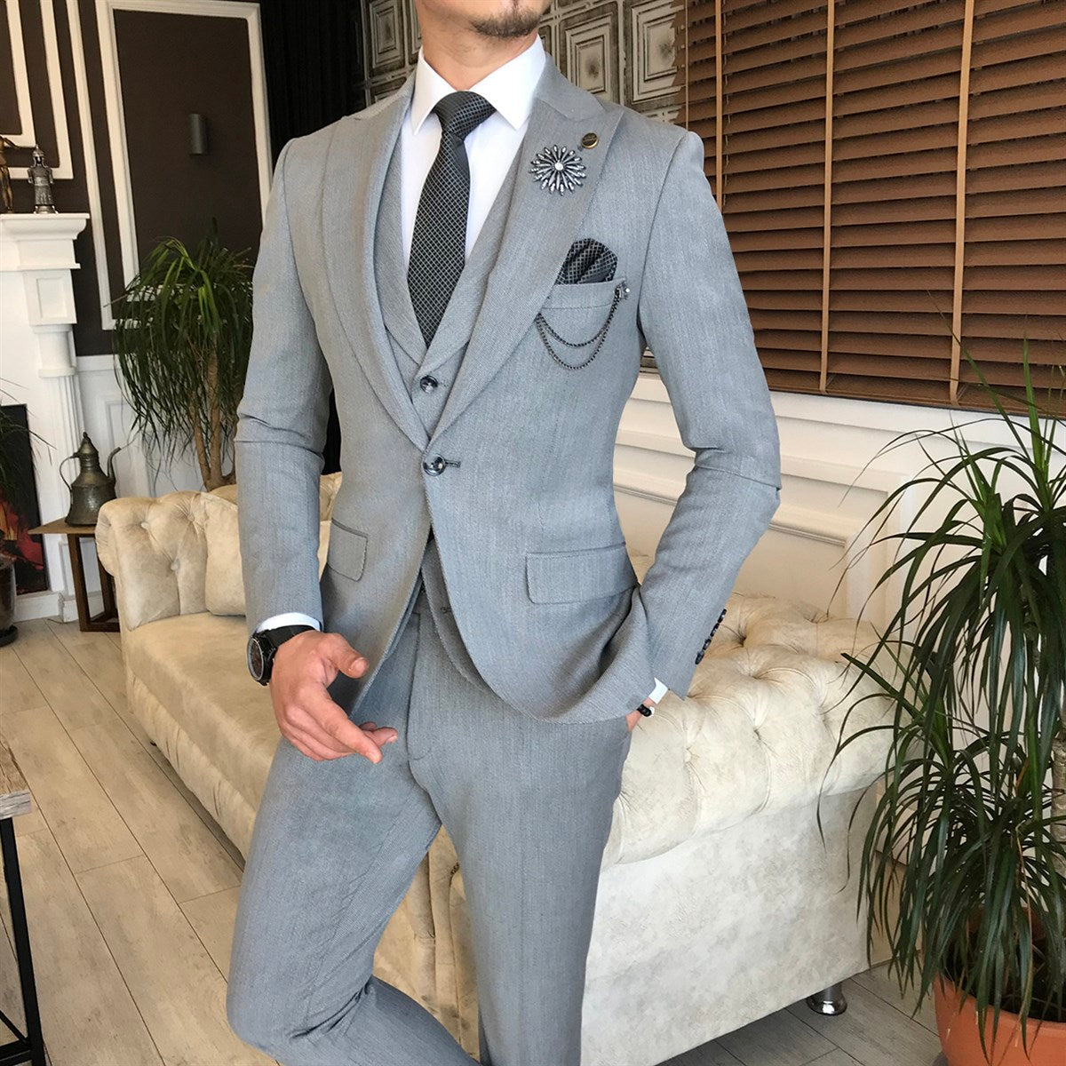 Bojoni Grey Slim-Fit Suit 3-Piece 