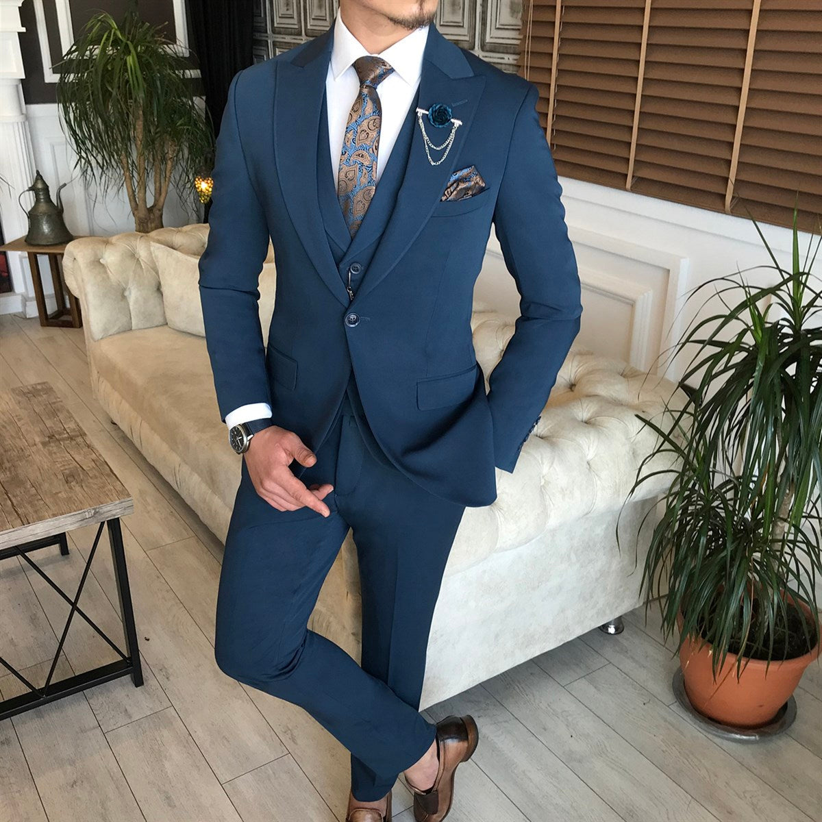 Bojoni Blue Slim-Fit Suit 3-Piece 