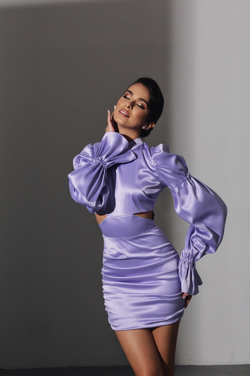 satin mini dress with split Viclans Draped Satin Mini Purple Dress with Split Waist