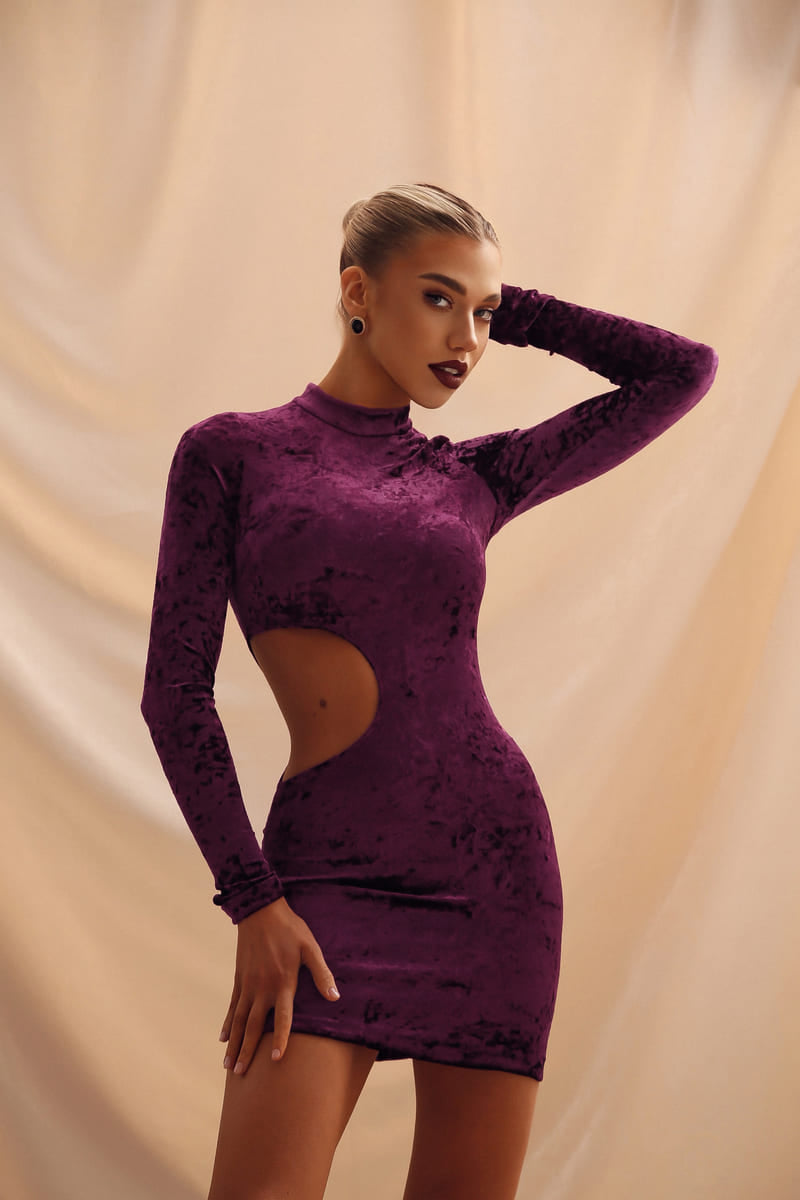 Viclans Stand-Up Collar Velvet Purple Dress with Side Cut | VICLAN Viclans Stand-Up Collar Velvet Purple Dress with Side Cut | VICLAN