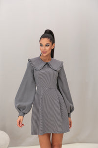 Plaid Dark Gray Turndown Collar Dress 
